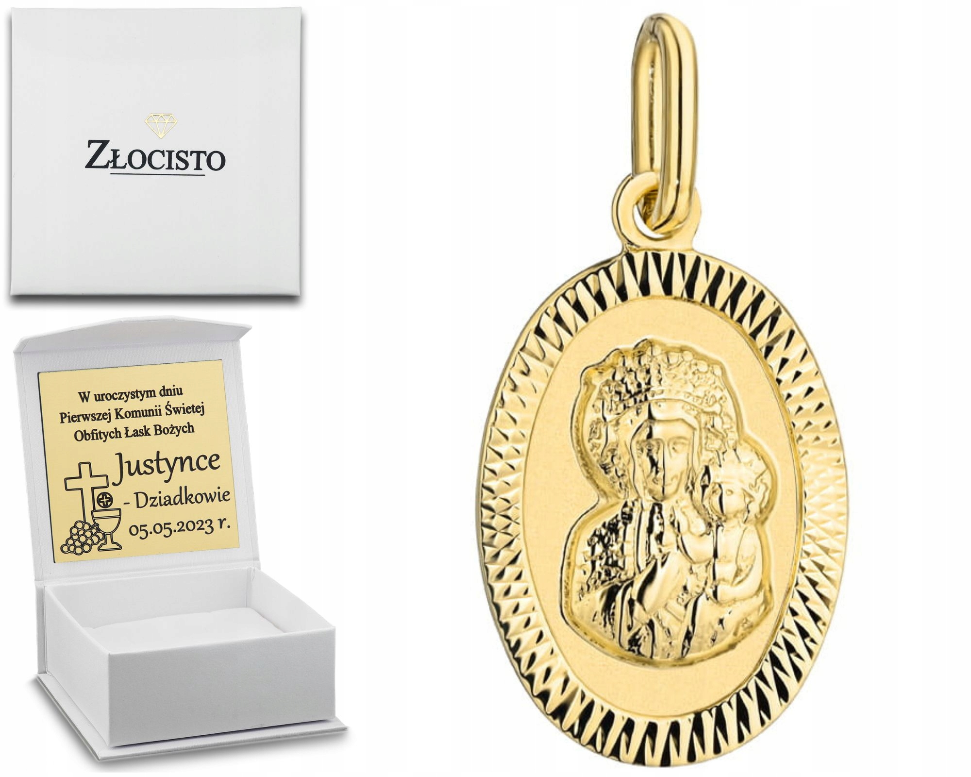 Zlatý Medailonek Panna Maria Čenstochovská Ovál Diamantová Vazba Jako Dárek
