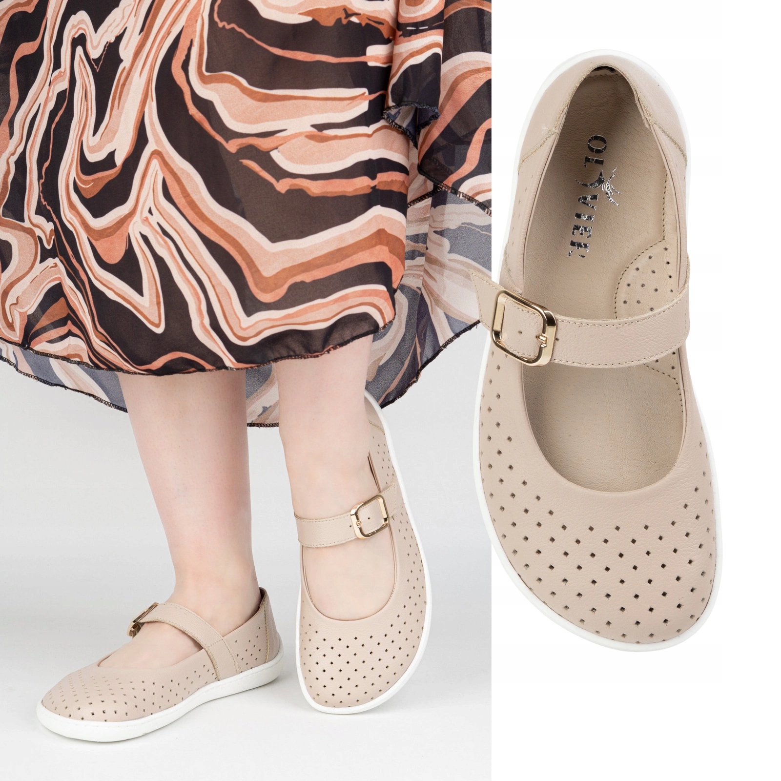 Dámské baleríny Barefoot 1770POL kožené boty s přezkou, béžové 36