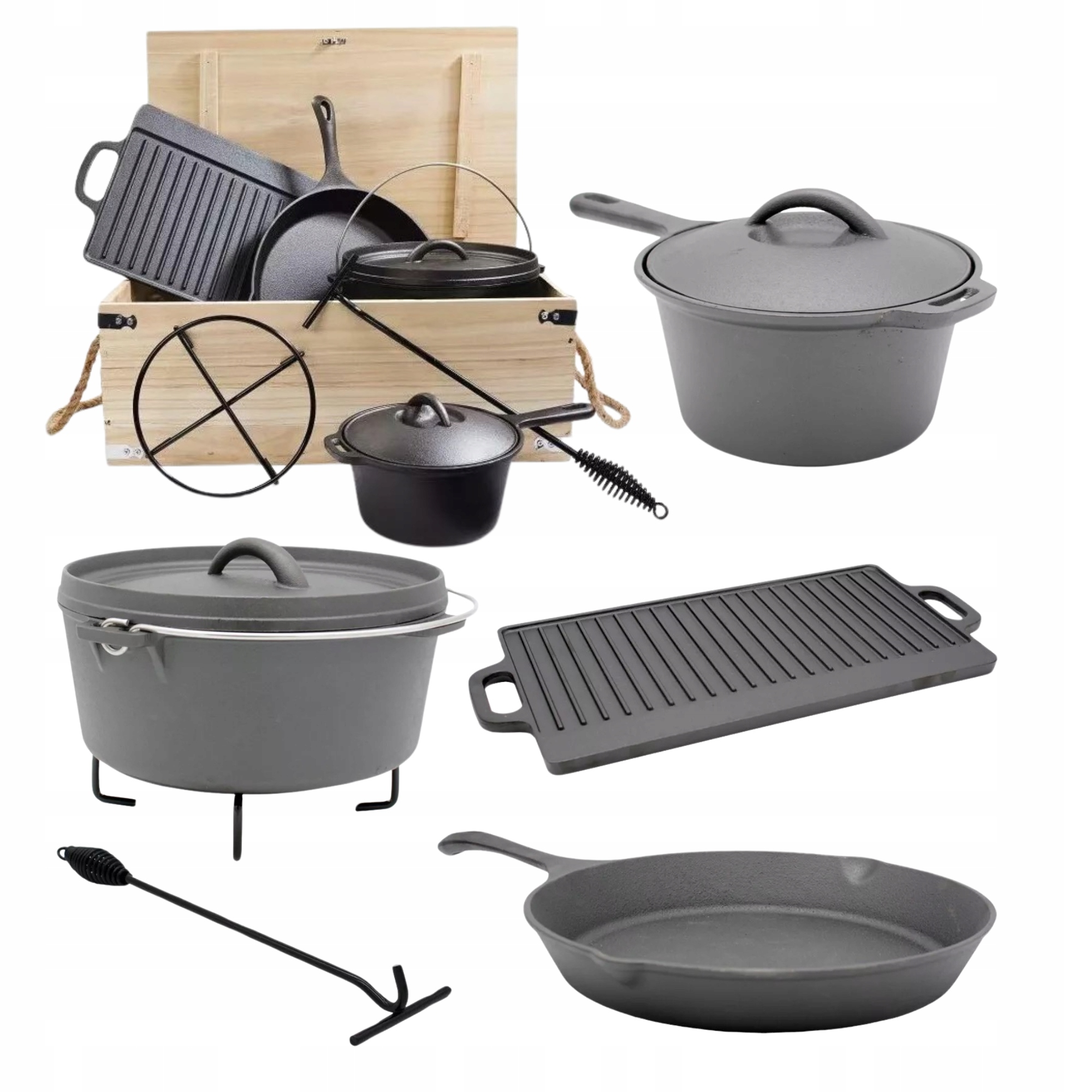 Garnki Żeliwne w skrzyni zestaw Na Grilla kociołek patelnia garnek 7szt