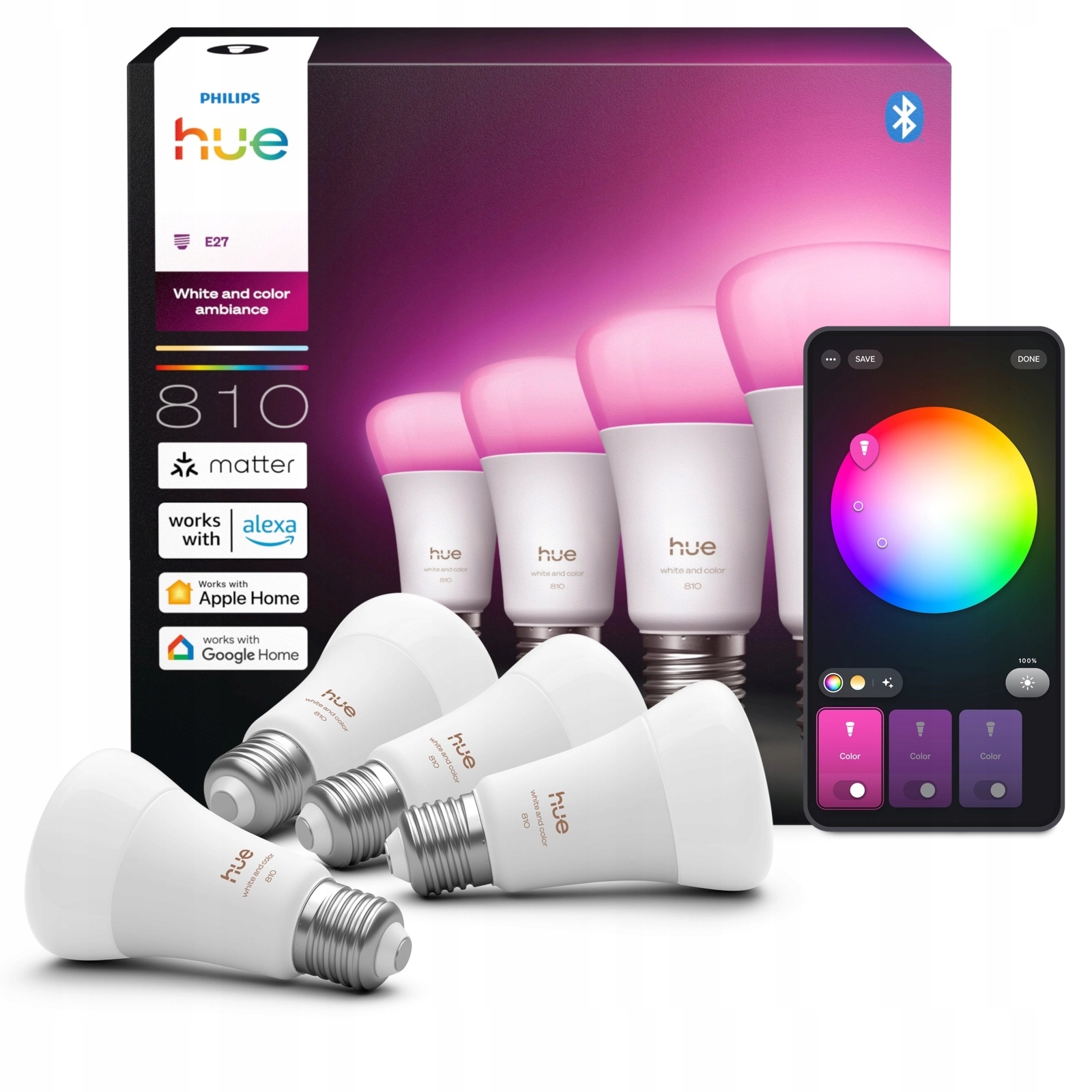 4x Led žárovka E27 6W 810lm Rgb Smart White and Color Ambiance Philips Hue