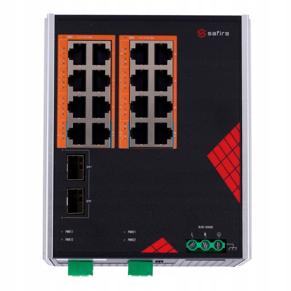 Switch PoE SF-SWI1816HIPOE-GF-AC-260-DIN 16x PoE 2x Uplink 120W Safire