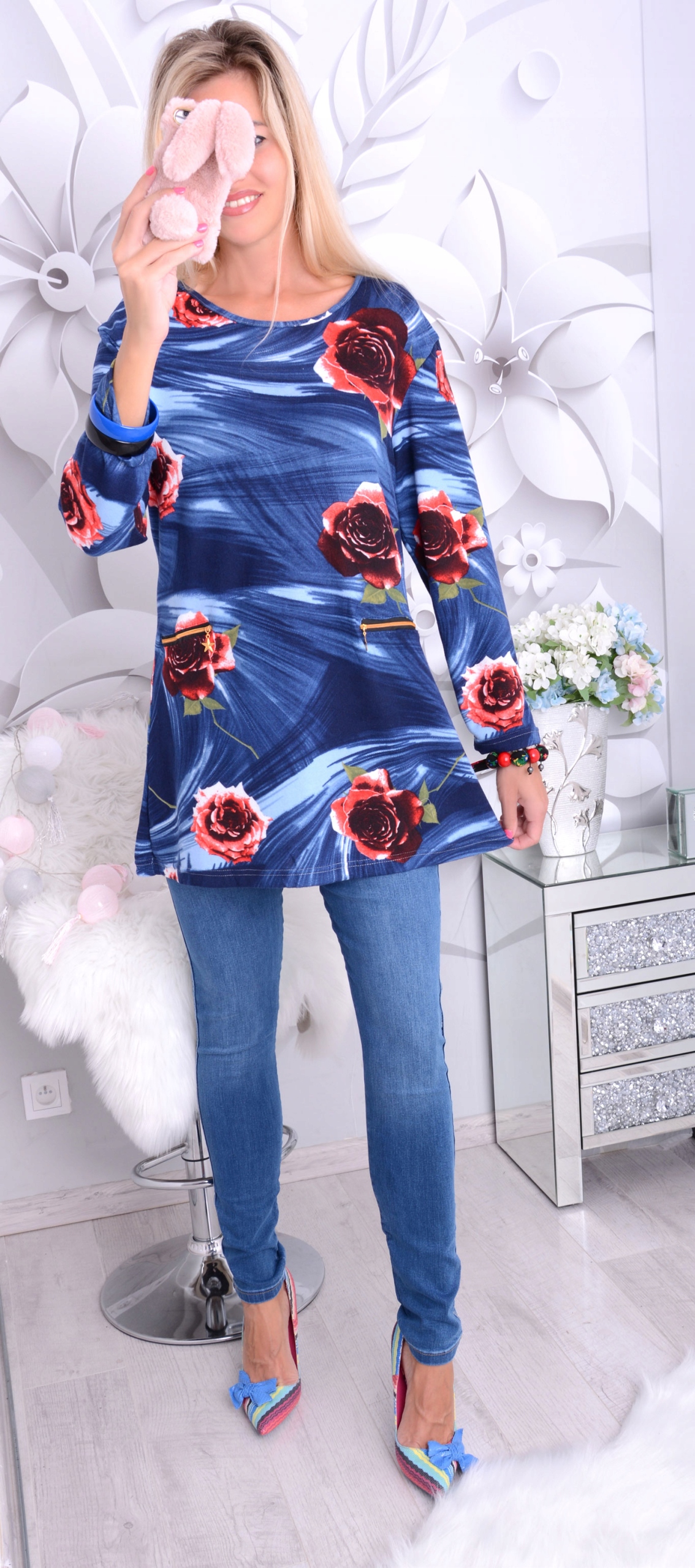 MODNA TUNIKA KWIATY WYSZCZUPLAJĄCA NA BIODERKA MIŁA ŚLICZNY PRINT DUŻA 666B Płeć kobieta