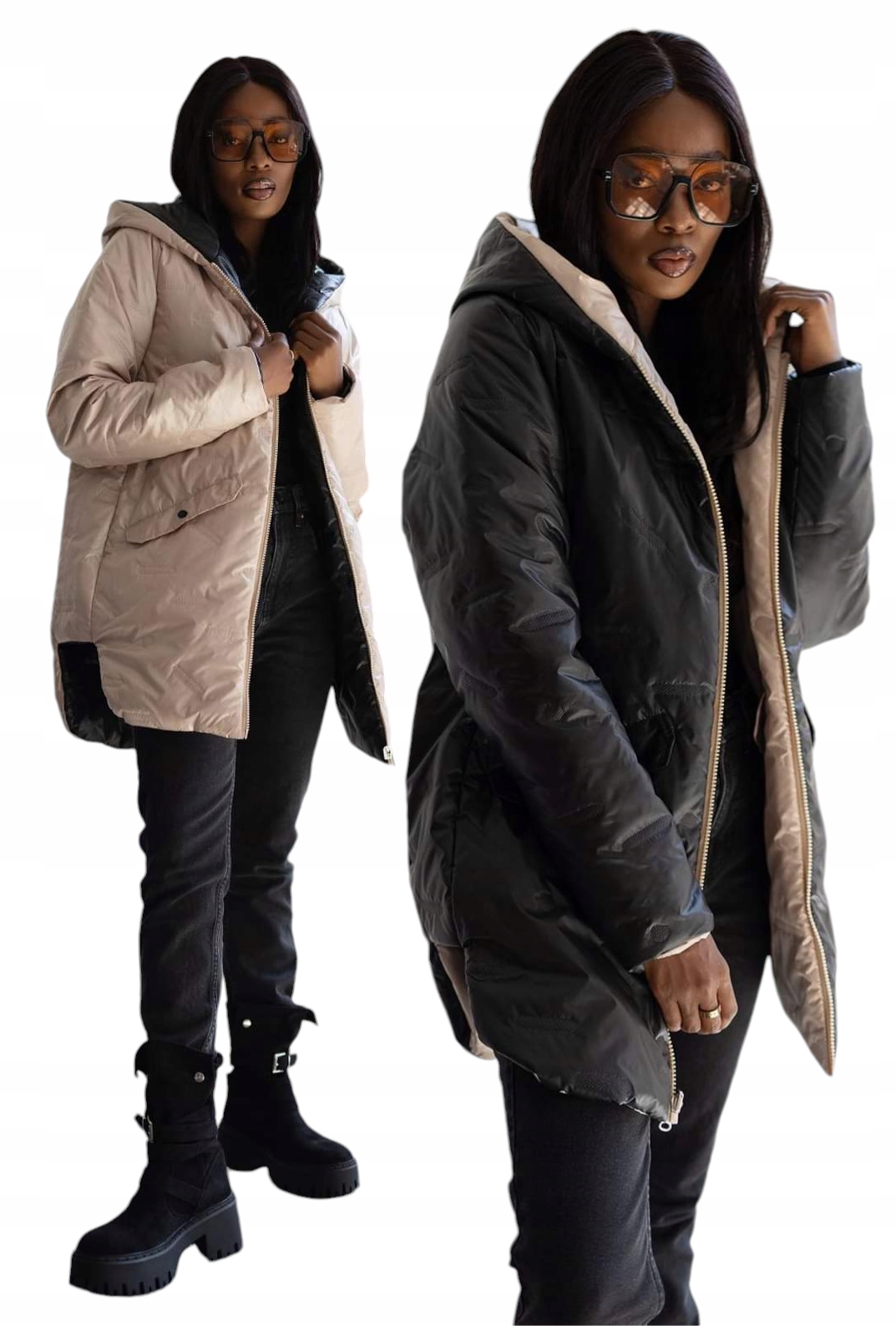 Dámská oboustranná bunda s kapucí , černá/béžová, velikost 2XL