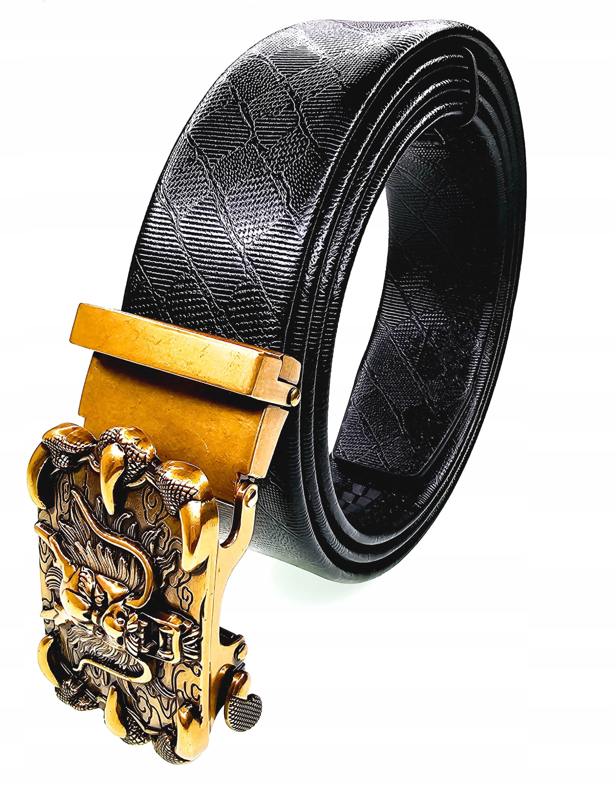 Luxusní Černý Pánský Kožený Opasek Automatický Zlatý Drak 140 CM