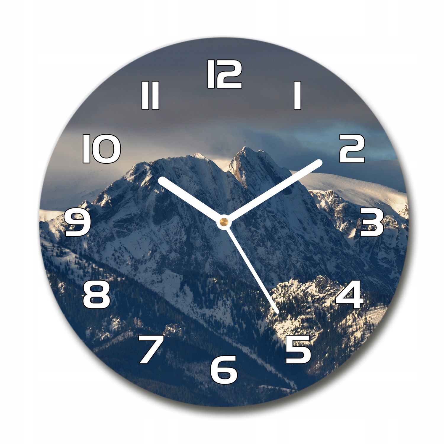 

Okrągły cichy szklany zegar Giewont zimą fi 30 cm