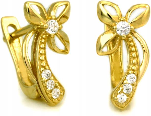 Zlaté náušnice 585, květina s bílými zirkony, klasické, pro ženu od 14 let
