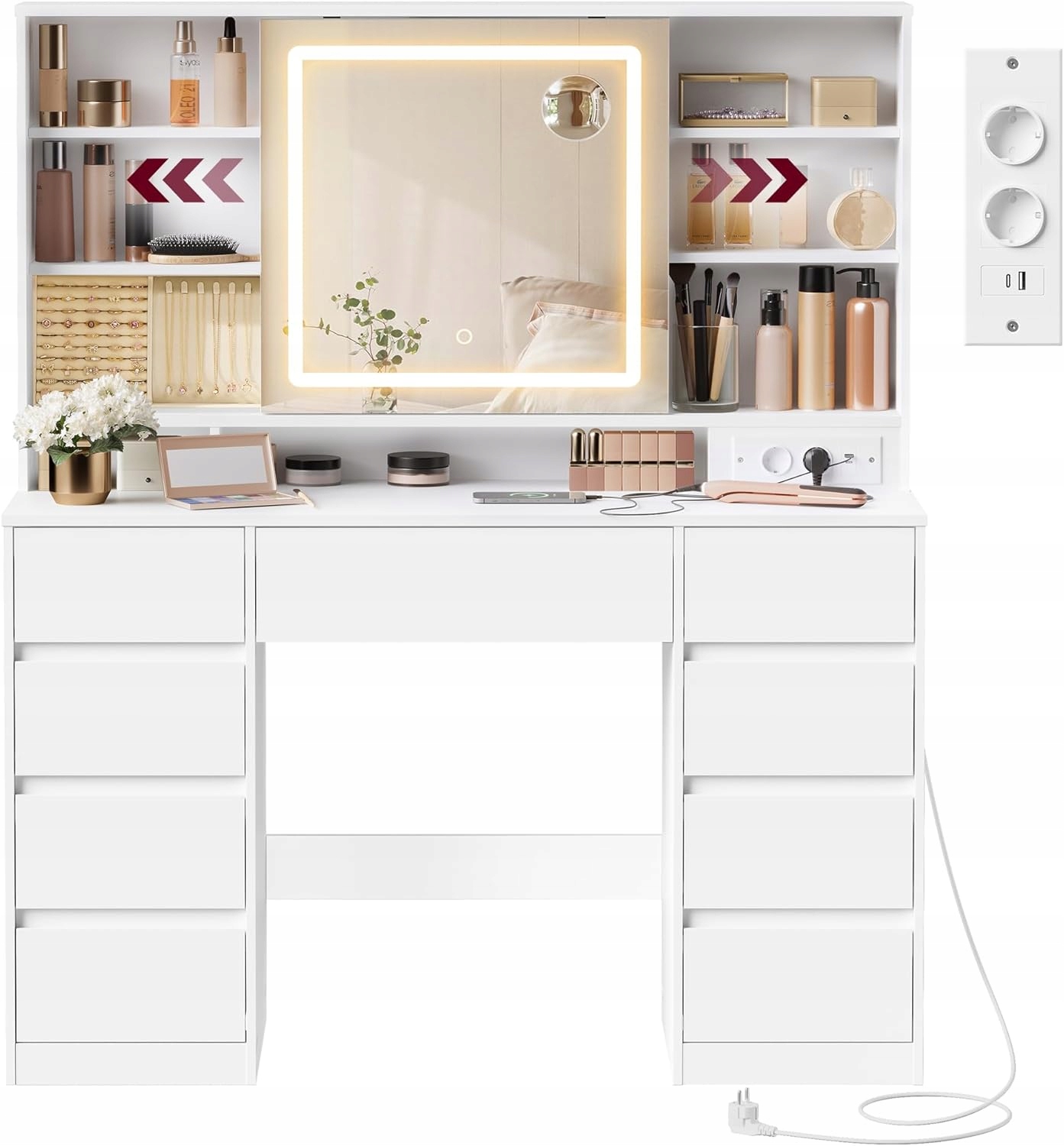 Vasagle Kailyn Kolekcia – toaletný stolík s Led zrkadlom, napájacou lištou, biely