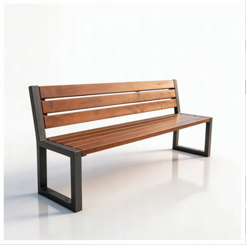 Dřevěná zahradní lavička s opěradlem na ocelovém rámu, moderní ořech