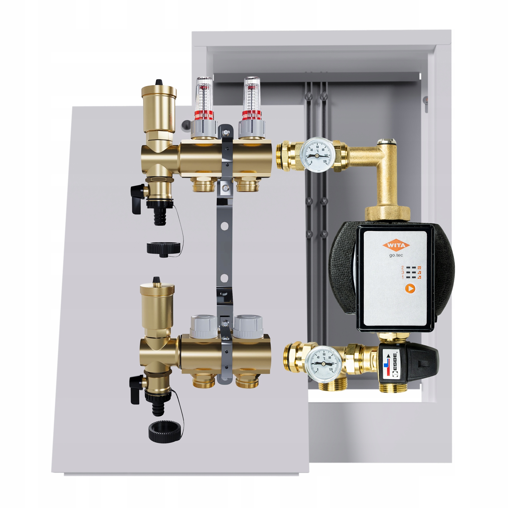 Rozdělovač pro podlahovku 2 okruhy s čerpací skupinou Wita nástěnná skříňka