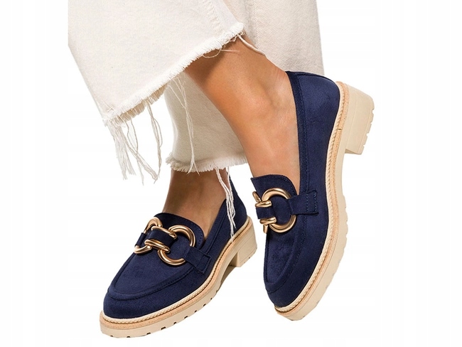 MOKASYNY DAMSKIE PÓŁBUTY WSUWANE NA PLATFORMIE Z MODNĄ ZŁOTĄ OZDOBĄ r 39