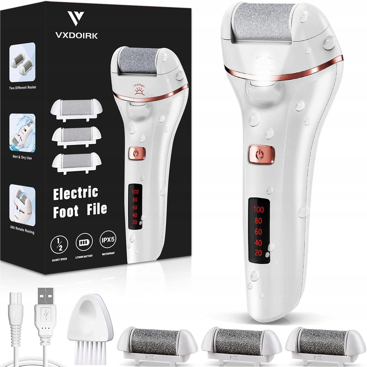 Elektrický pilník pilník na nohy , pro odstraňování ztvrdlé kůže, 3 válečky, 2 rychlosti