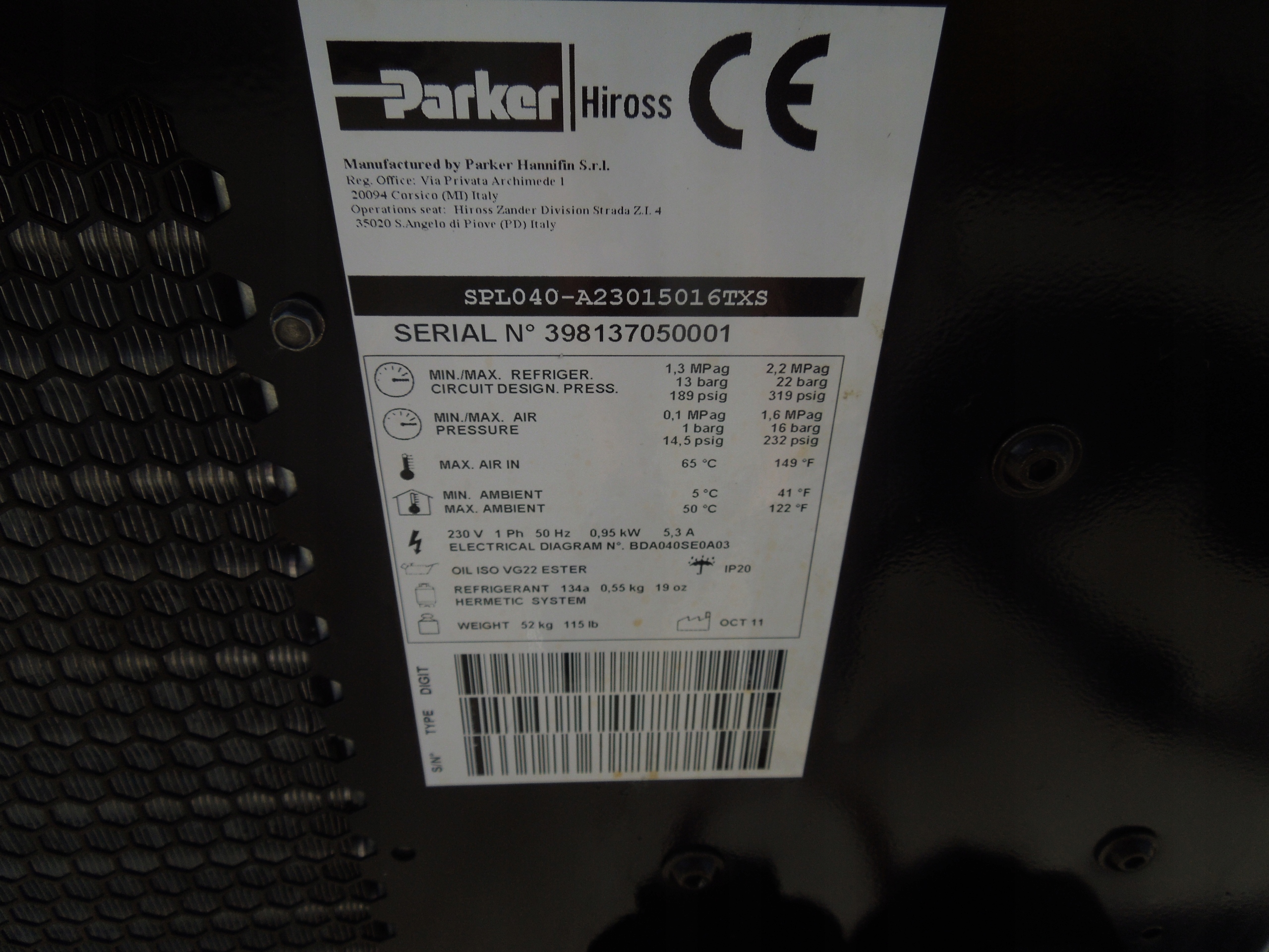 OSUSZACZ ZIĘBNICZY PARKER HIROSS 4,00m3min 2011r Zasilanie sieciowe