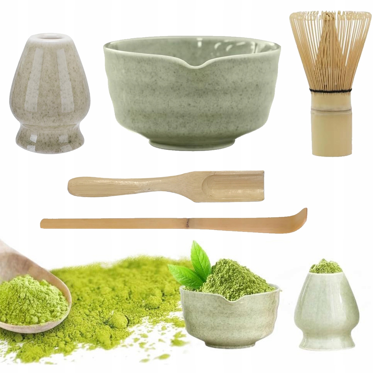 Levně Akcesoria pro výrobu Matchy, sada pro Matcha s keramickou miskou zelená