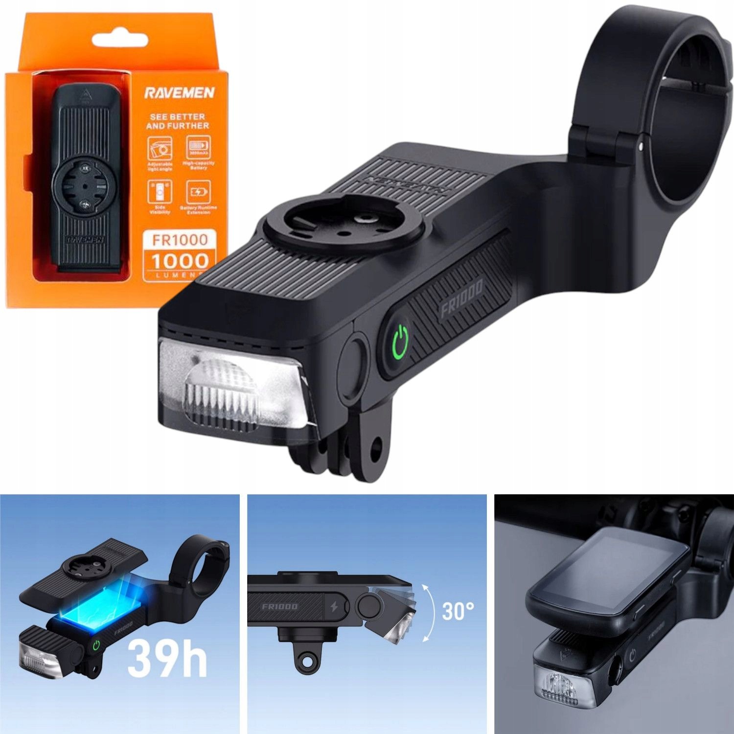 Přední světlo Ravemen FR1000 Usb-c 1000lm aku 3000mAh pro Gps Garmin Wahoo