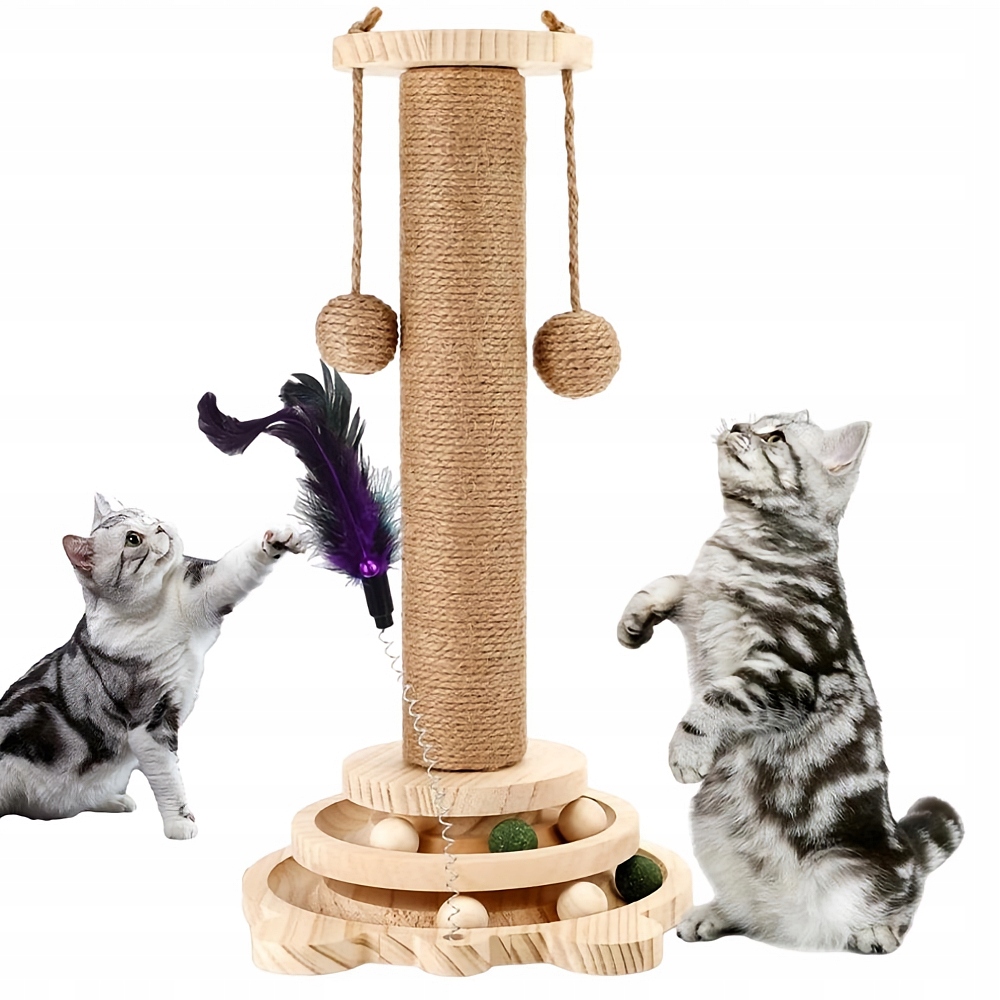 Levně Škrabadlo Pro Kočky Škrabací Sloupek Sisal S Míčky Přírodní Dřevo 44.5 CM