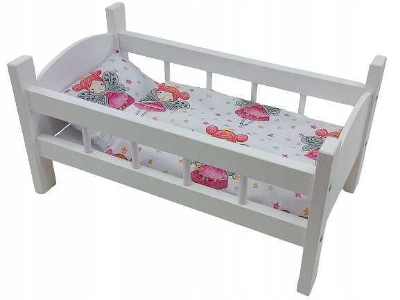 ŁÓŻECZKO DLA LALEK BIAŁE DREWNIANE + POŚCIEL