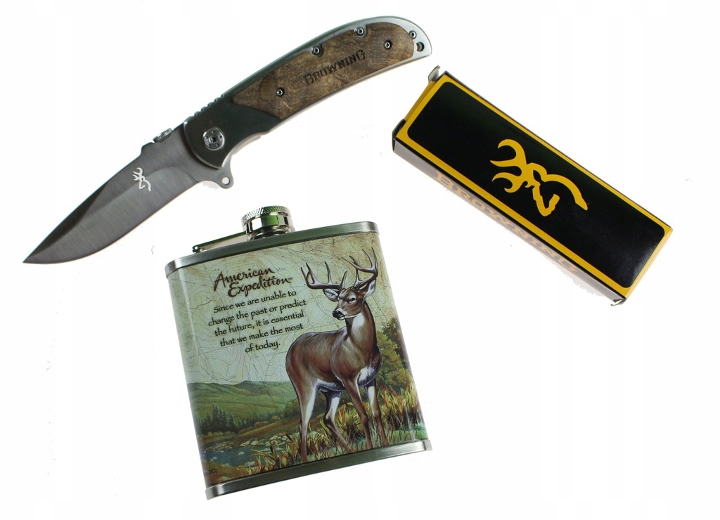 Zestaw myśliwski Piersiówka Jeleń nóż scyzoryk Browning Hunter drewno