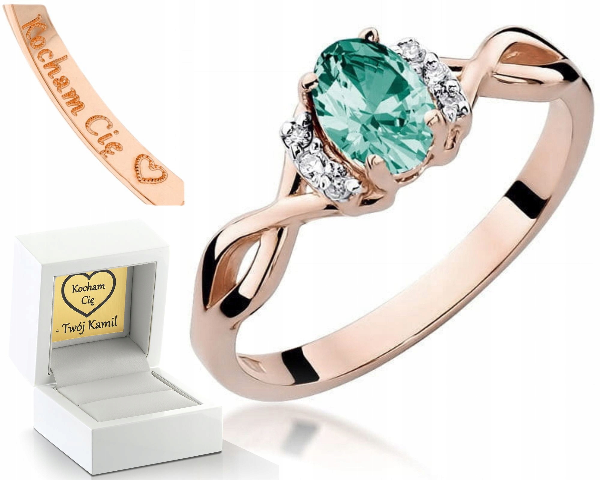 Růžový Zlatý Prstýnek Prstenn Smaragd Diamanty 585, Dárek Gravírování