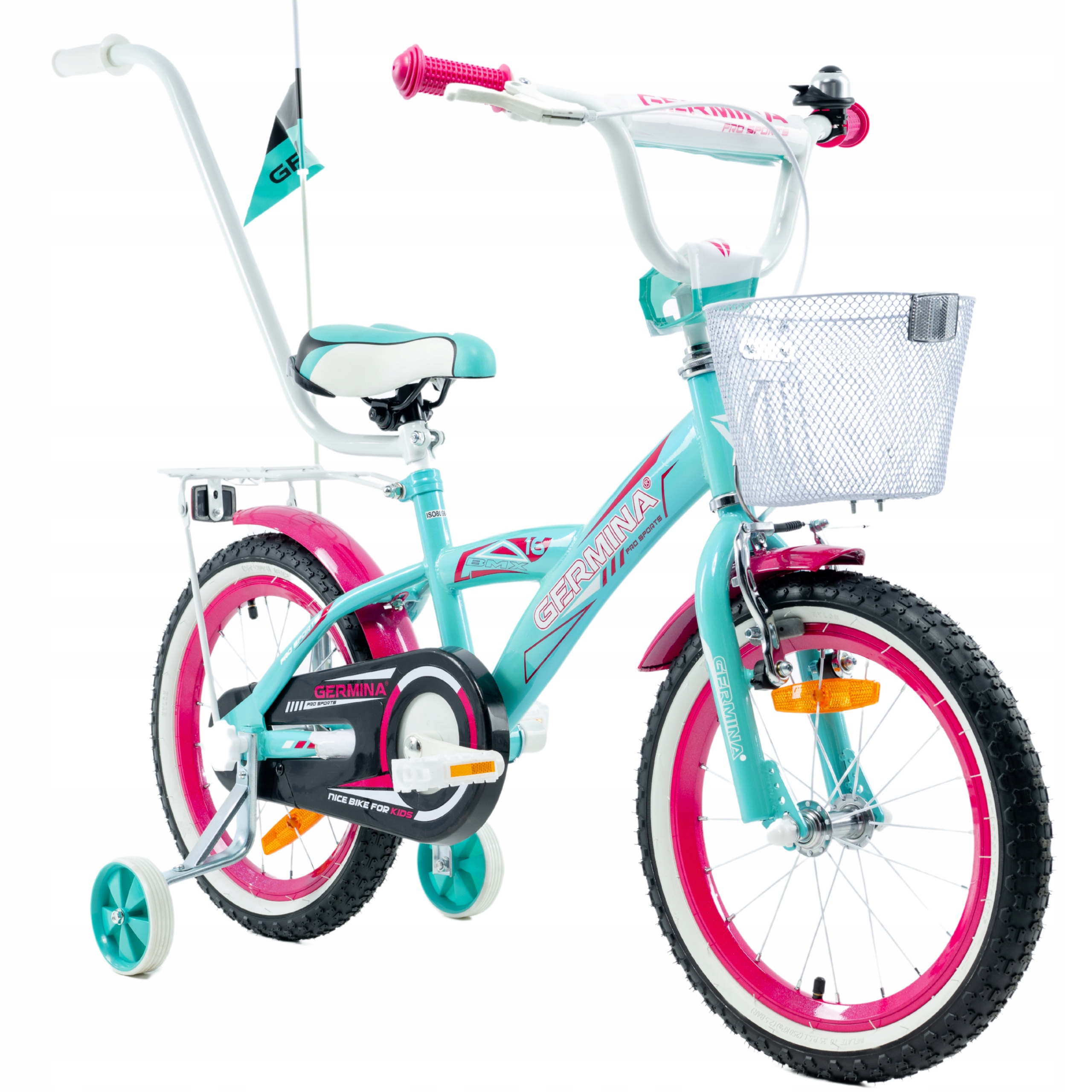 Rowerek dziecięcy 16 bmx Germina dla dziewczynki miętowy koszyk prowadnik