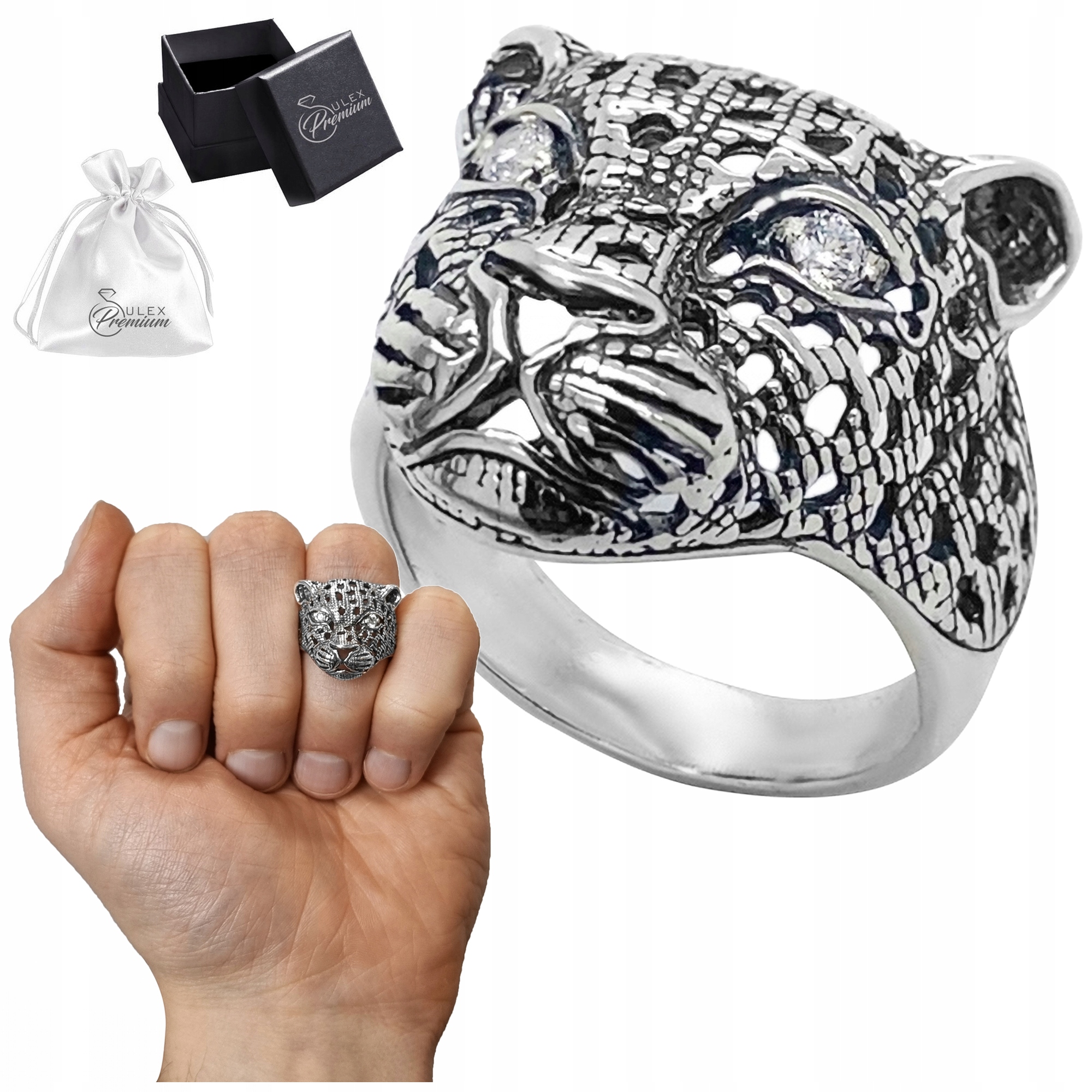 Stříbrný signet 925 Elegantní prsten Hlava pantera s zirkony vel.