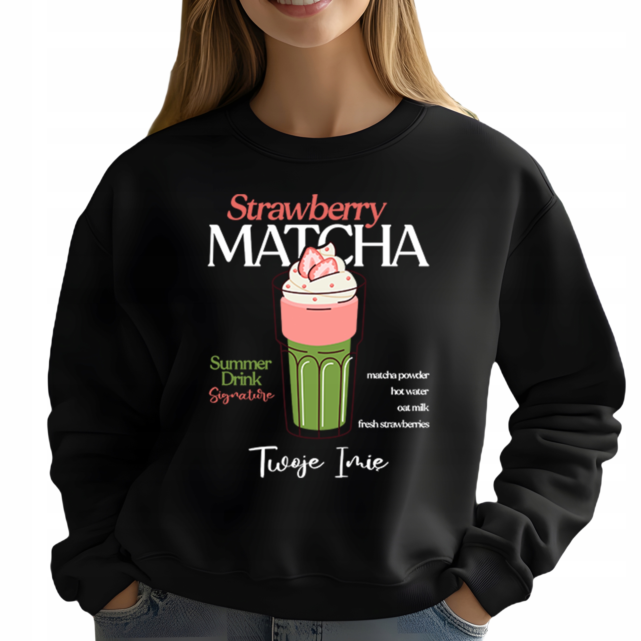 Mikina Černá Módní pro milovnici Matchy Strawberry Matcha Jméno L