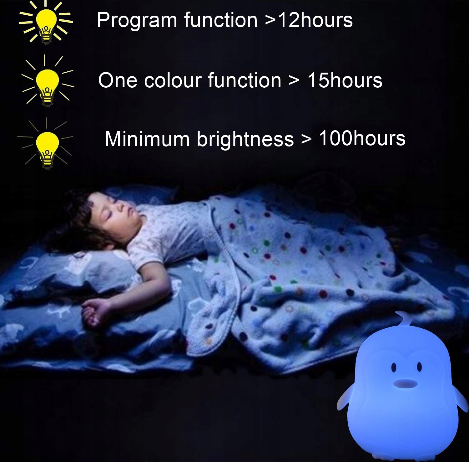 GLINRUI Lampka Nocna Silikonowy Pingwin 9 Kolorów Dla Dzieci Sypialnia — miniatura 5