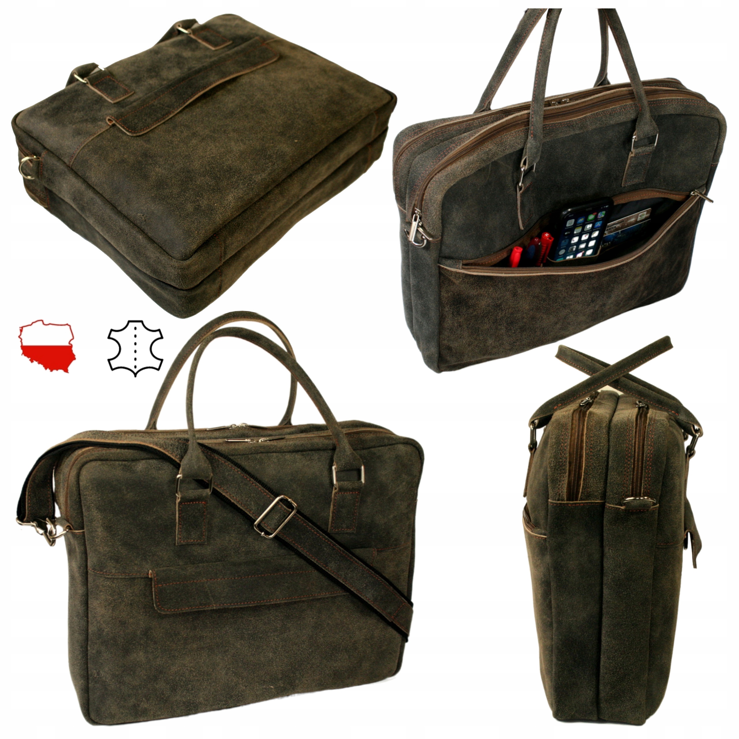 Kožená taška s přihrádkou na notebook 15" 17" polské A4