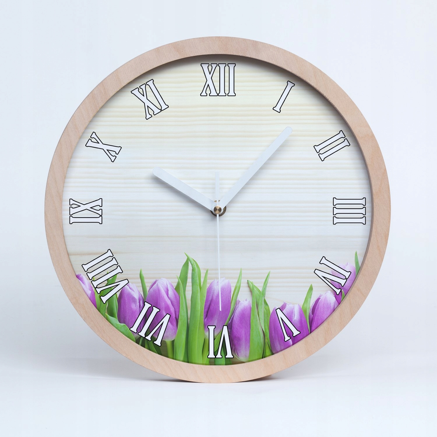 Dřevěné nástěnné hodiny fialové tulipány 25