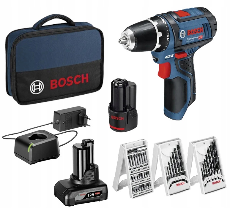 Bosch Gsr 12V-15 wkrętarka aku 4Ah 2Ah torba bity wiertła