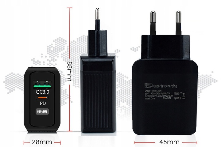 MOCNY ZASILACZ ŁADOWARKA SIECIOWA DO TELEFONU 33W USB-C / QC3.0 USB-A Napięcie wyjściowe 20 V