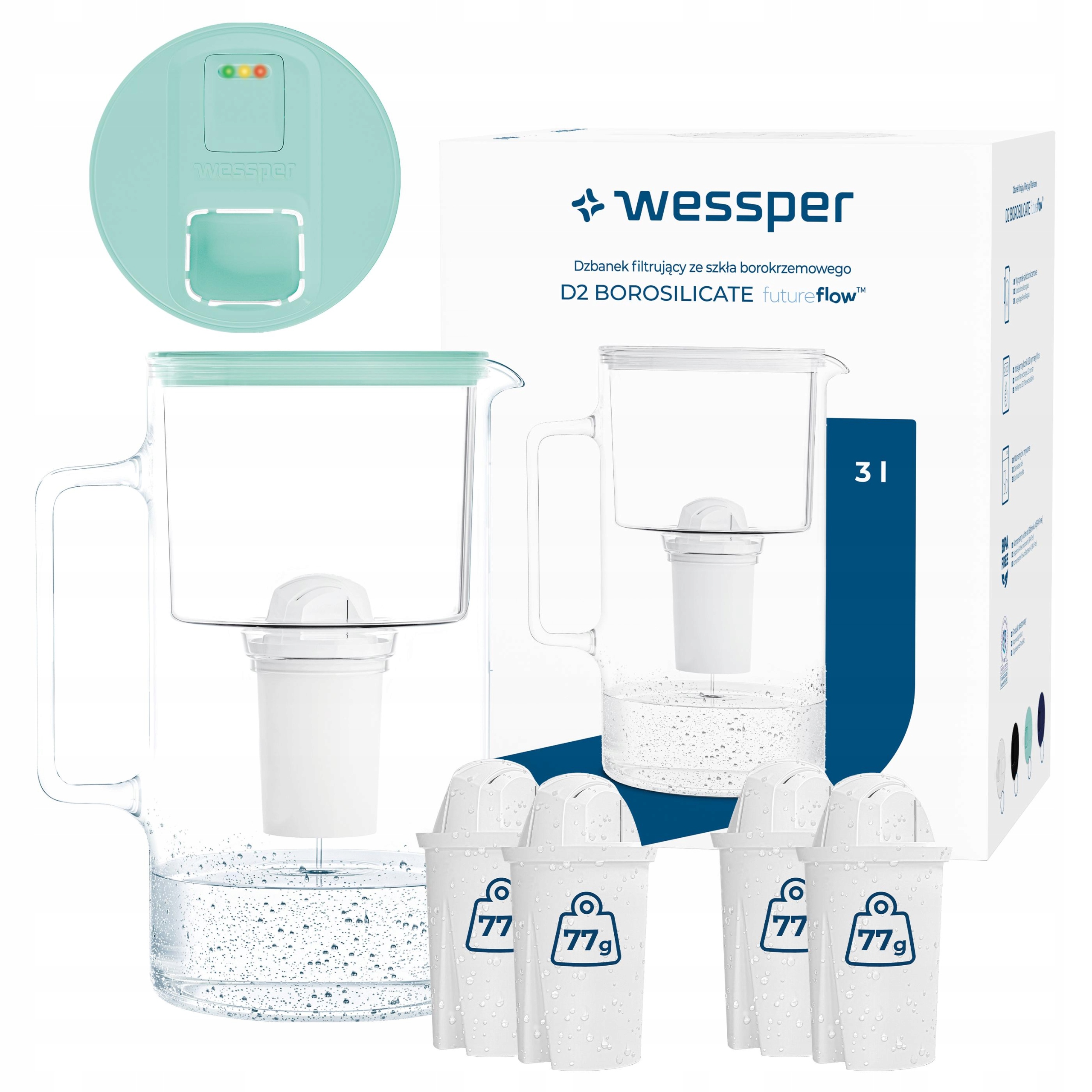 Dzbanek filtrujący szklany Wessper D2 Borosilicate 3l 5x filtr wody