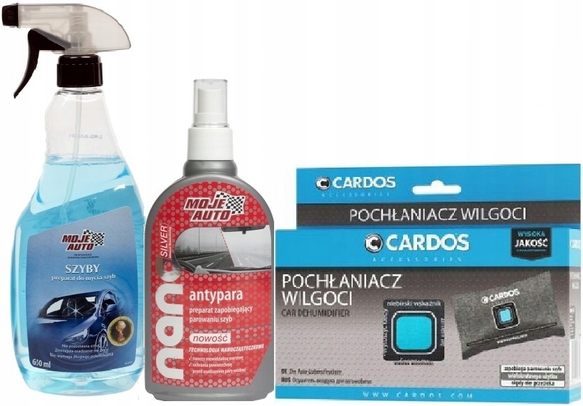 MOJE AUTO ANTYPARA PŁYN DO MYCIA SZYB ATOMIZER POCHŁANIACZ WILGOCI ZESTAW