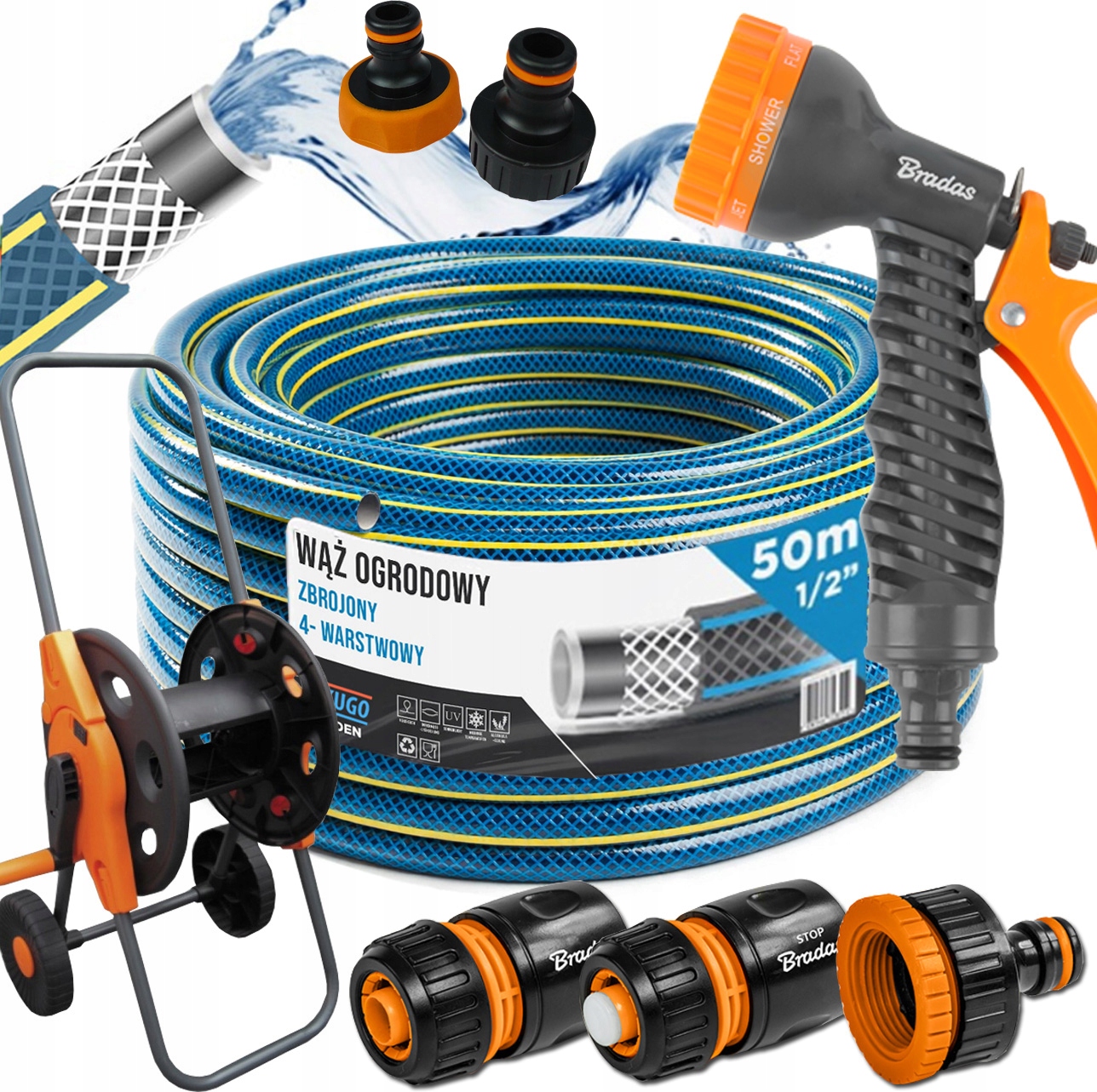 Hadice 1/2" 50 m 4 Vrstvy Pistole Vozík Set Bradas