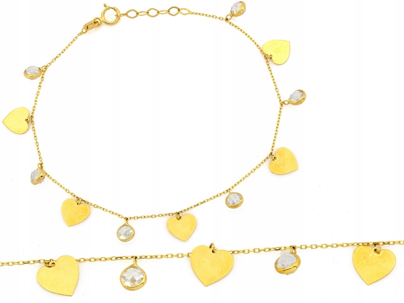 Zlatý řetízkový náramek 585 s visícími srdíčky a zirkony r19