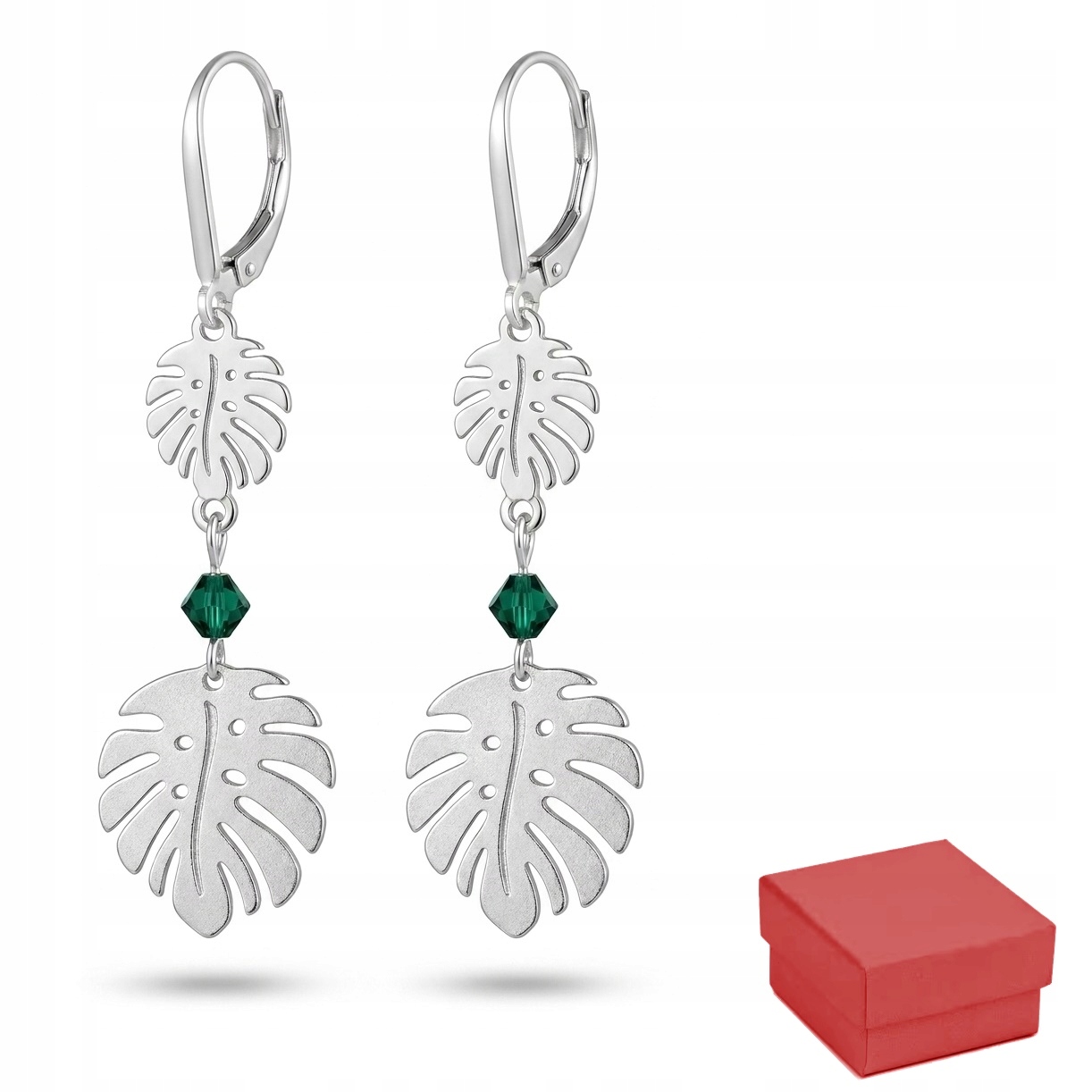 Kolczyki srebrne 925 długie liść monstera Swarovski biżuteria