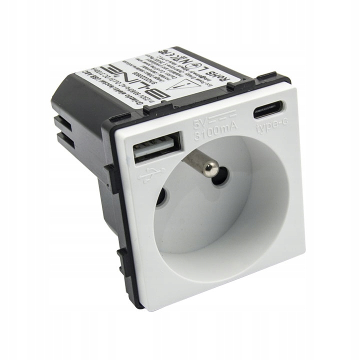 GNIAZDO USB A i C ELEKTRYCZNE 2100mA BIAŁE