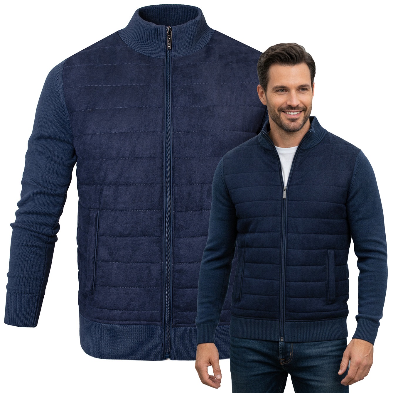 Pánský rozepínací svetr na zip s Pikovanou přední částí Námořnická Modrá XL Pako Jeans