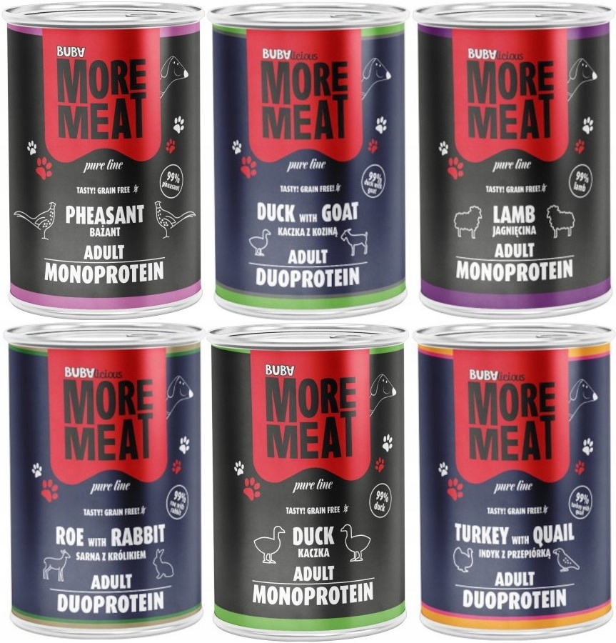 Mokra karma dla psa Buba More Meat MIX Smaków Bezzbożowa, puszka 6 x 400g