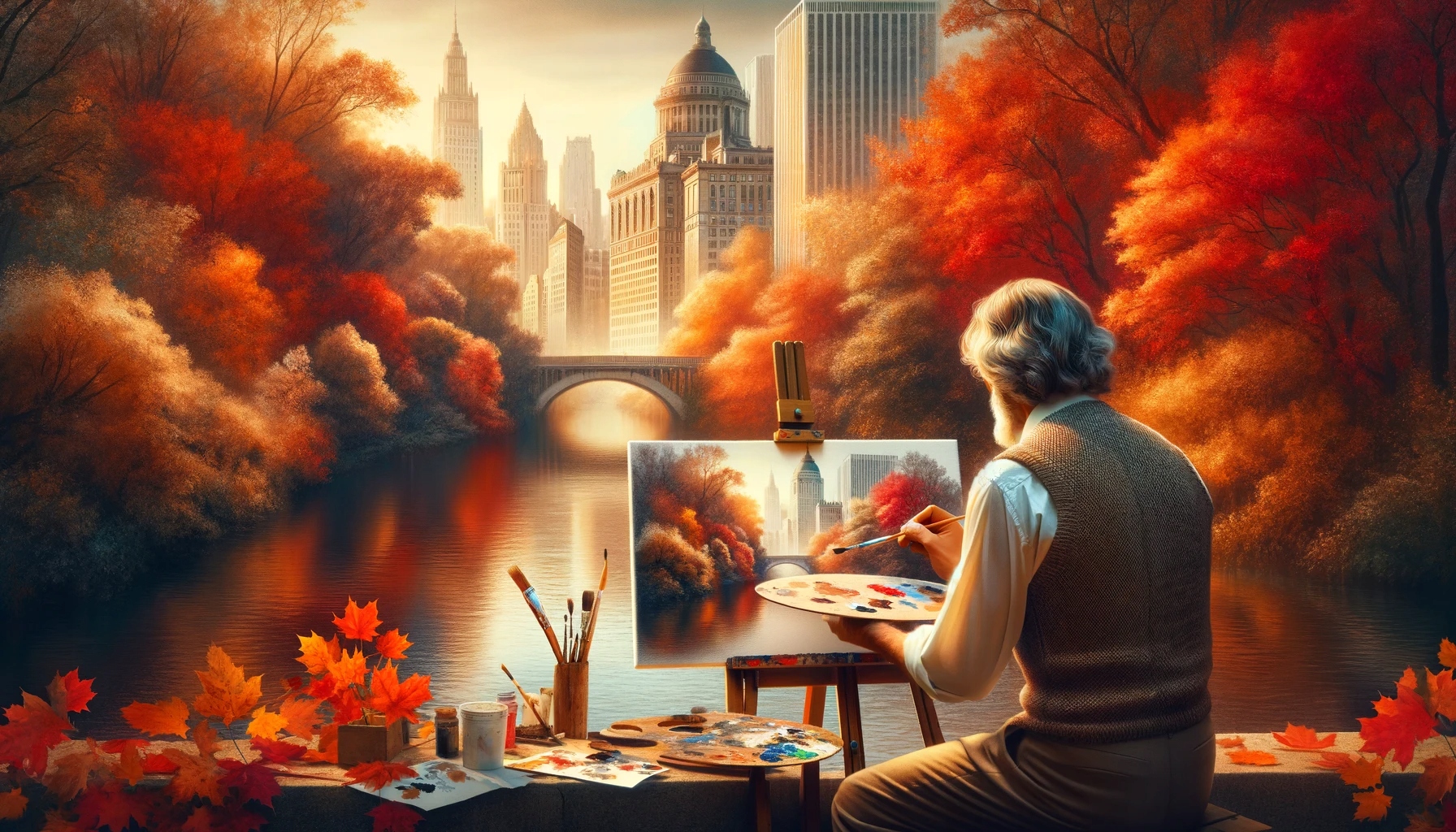 Diamantová výšivka Krajina Podzimní park Malíř Řeka Voda Velká 80x120 cm