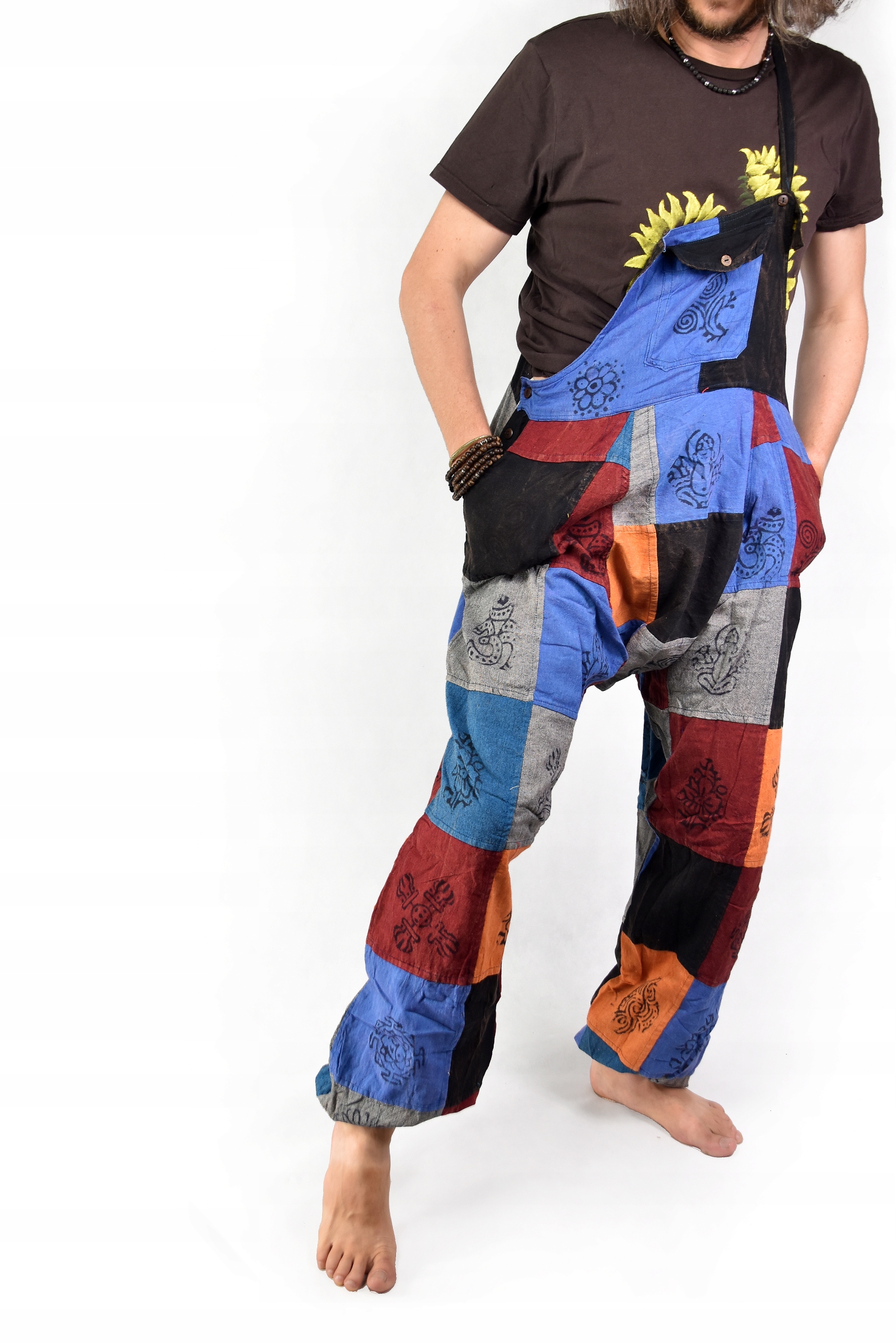 SPODNIE Ogrodniczki kolor NEPAL patchwork SZEROKIE Zapięcie guziki