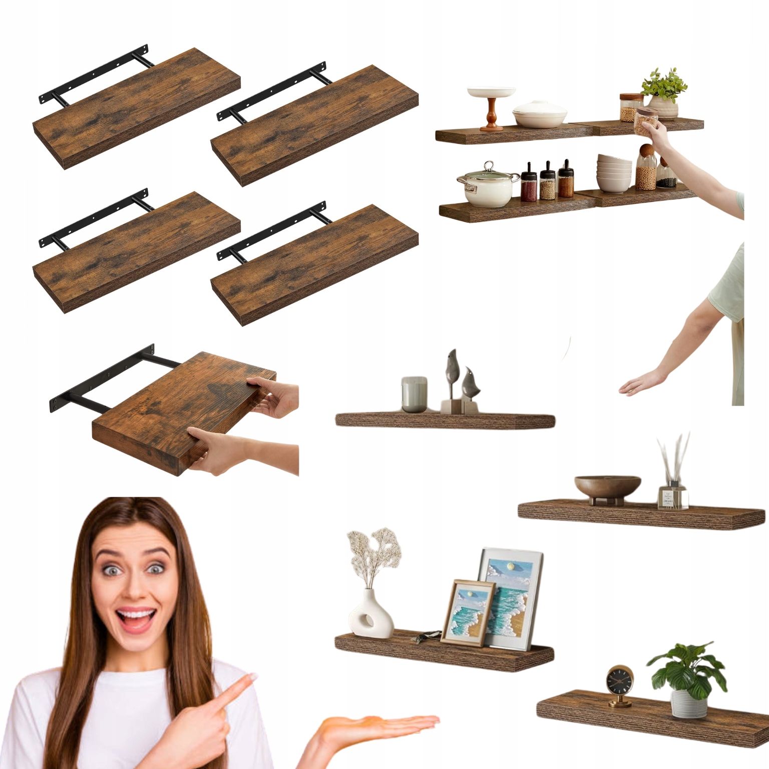 Sada 4 nástenných políc 60 cm Závesné dekoratívne regály Vintage Bronz Loft