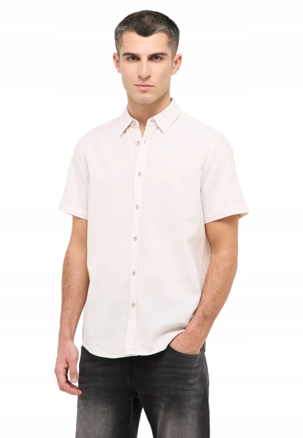 Lněná Pánská Košile S Krátkým Rukávem Béžová Casual Límeček XL