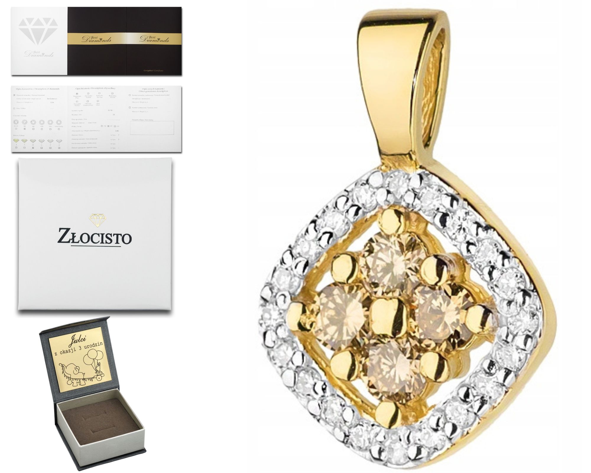 Zlatý Přívěsek S Bronzovými Brilianty 585 Diamant