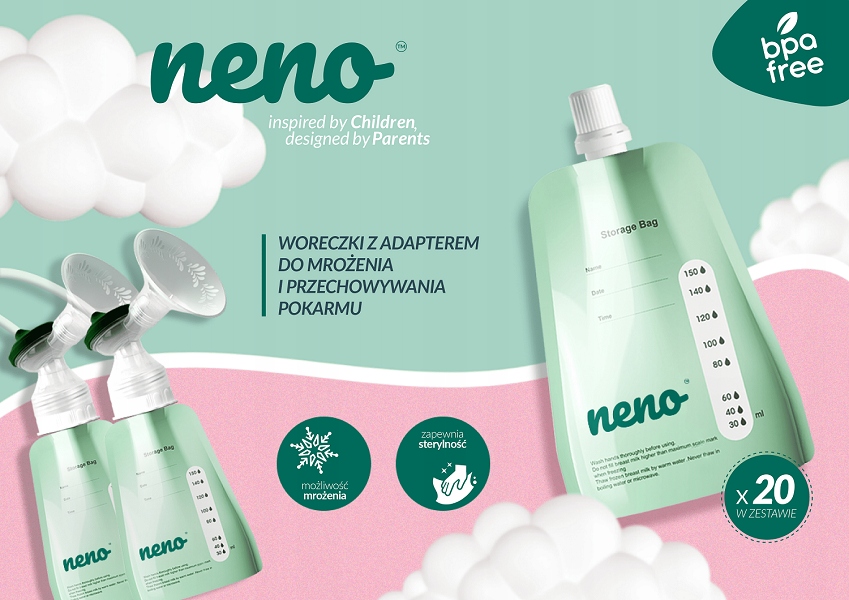 NENO WORECZKI DO PRZECHOWYWANIA MROŻENIA MLEKA MATKI NA POKARM x20 +ADAPTER Kod producenta NEN-BAB-BT004