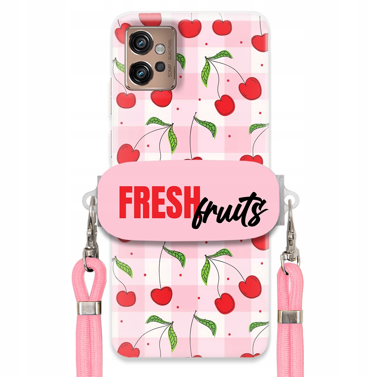 Pouzdro pro Motorola G32 Case Držák Šňůrka Růžová Fresh Fruits Mřížka Ovoce