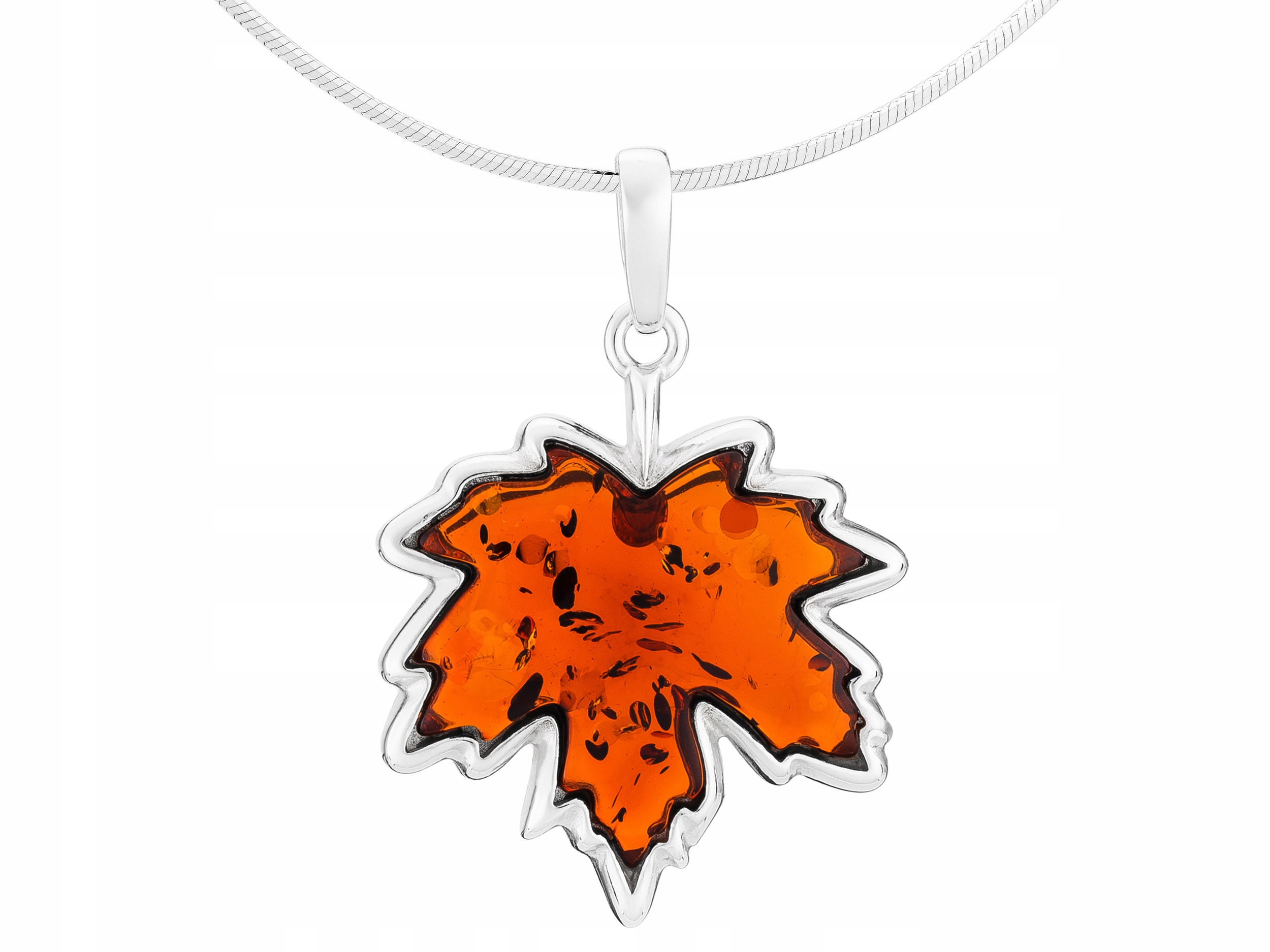 Dlouhý Stříbrný Dámský Náhrdelník s Jantarem Velký Javorový List Jantar 70 cm