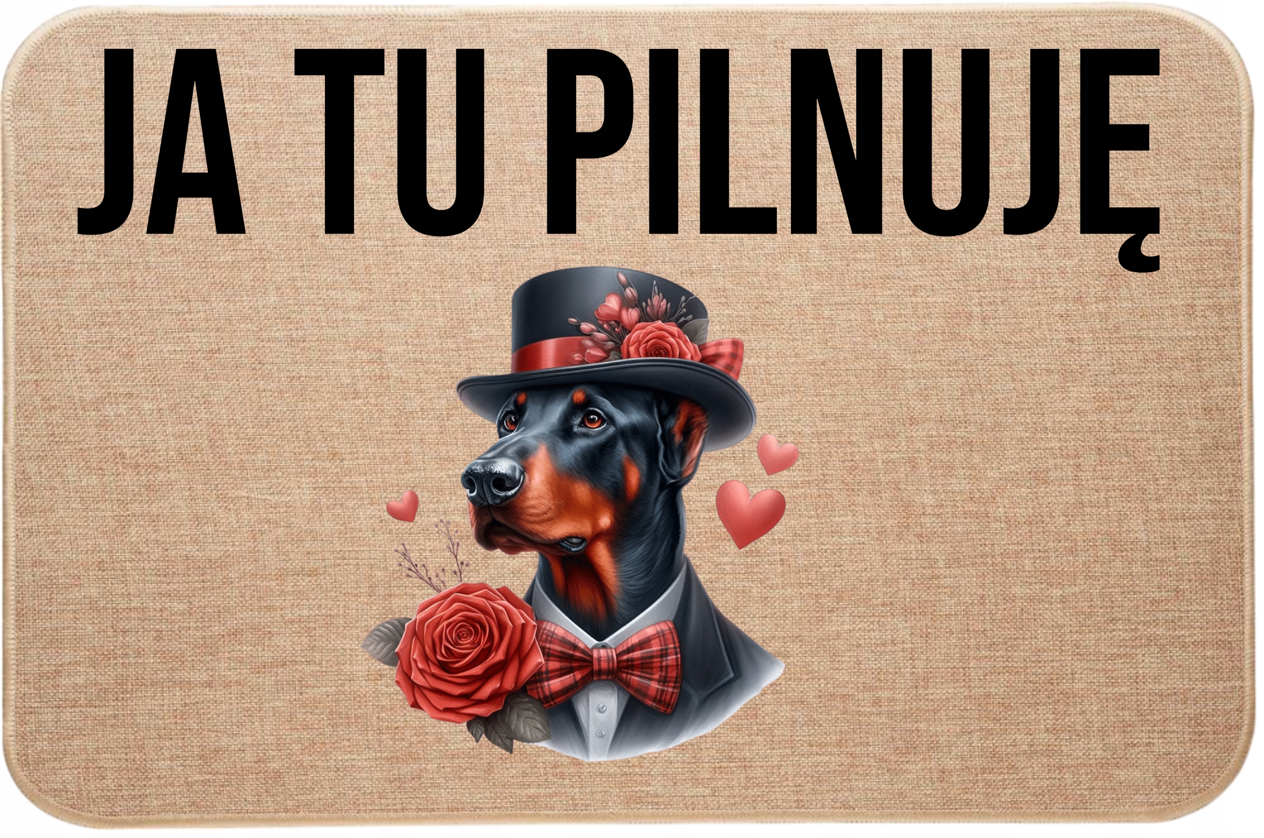 Lněná rohožka před dveřmi. Hlídám tu dobrmana, Valentýna, srdce