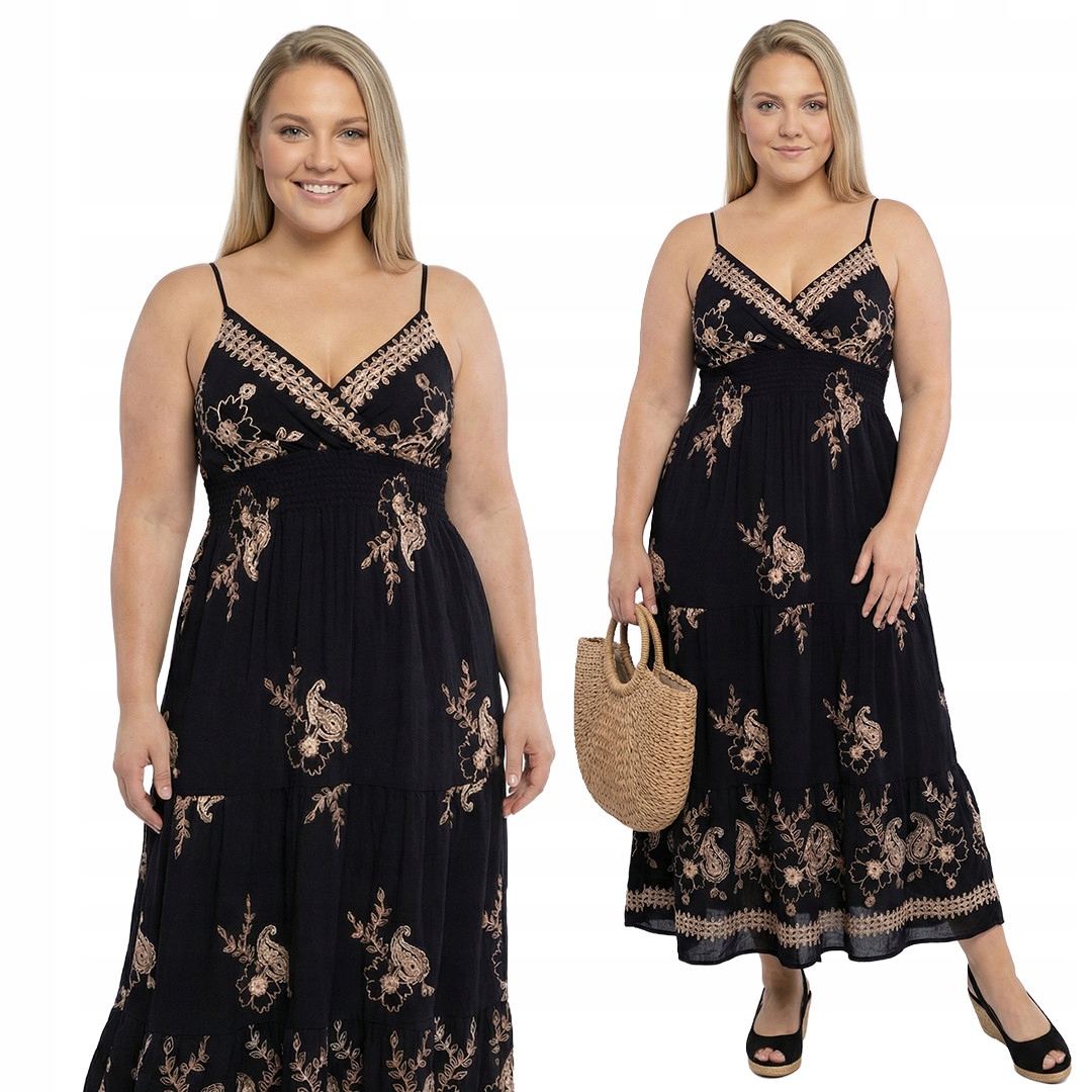 Černá šaty s ramínky, béžová, výšivka plus size, velikost 46