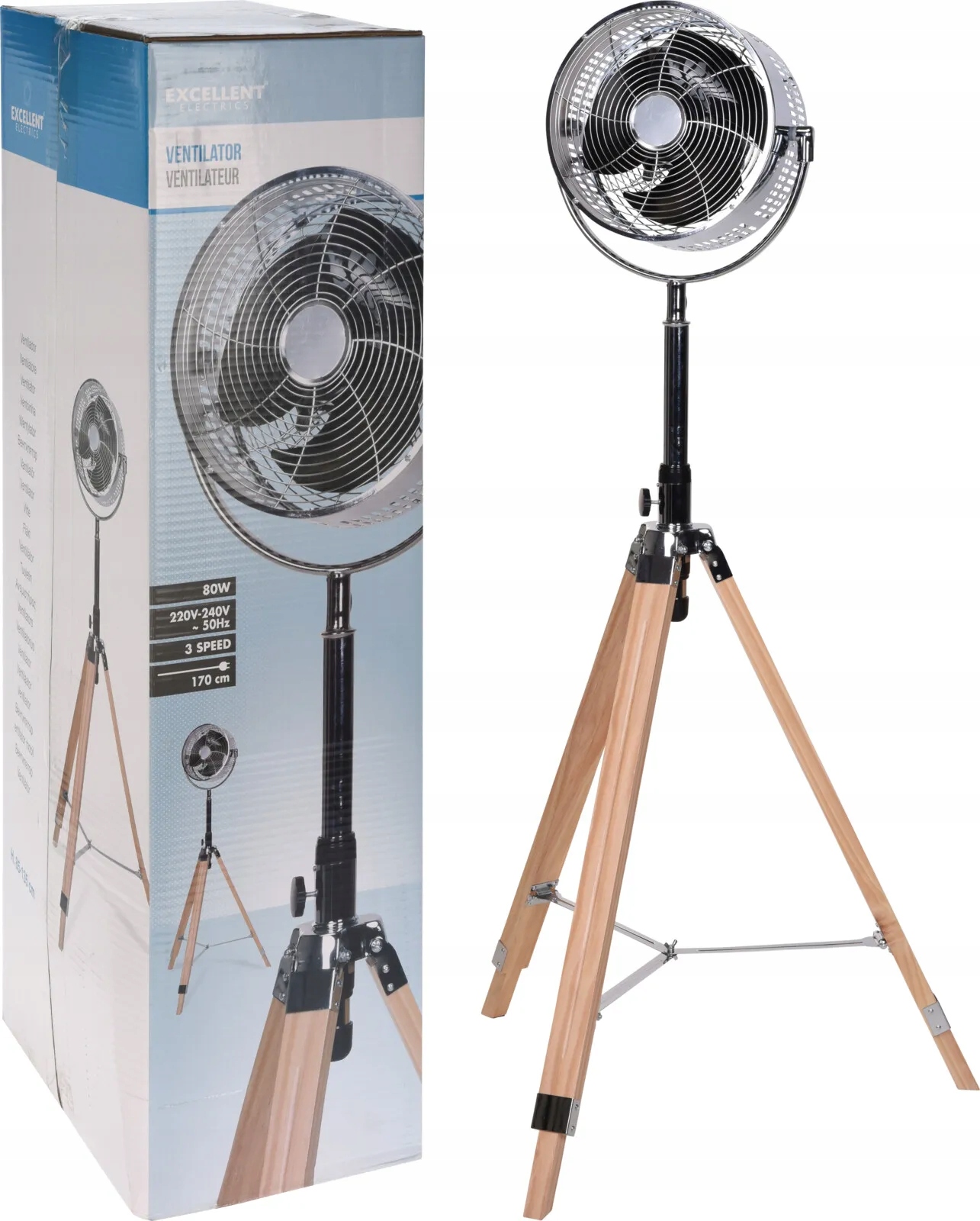 Kovový stojanový ventilátor Tripod, 135cm, čierna, drevo