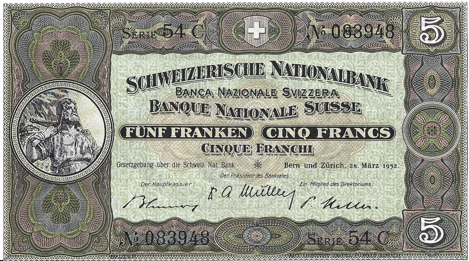 Szwajcaria 5 Franków 1952 (UNC)